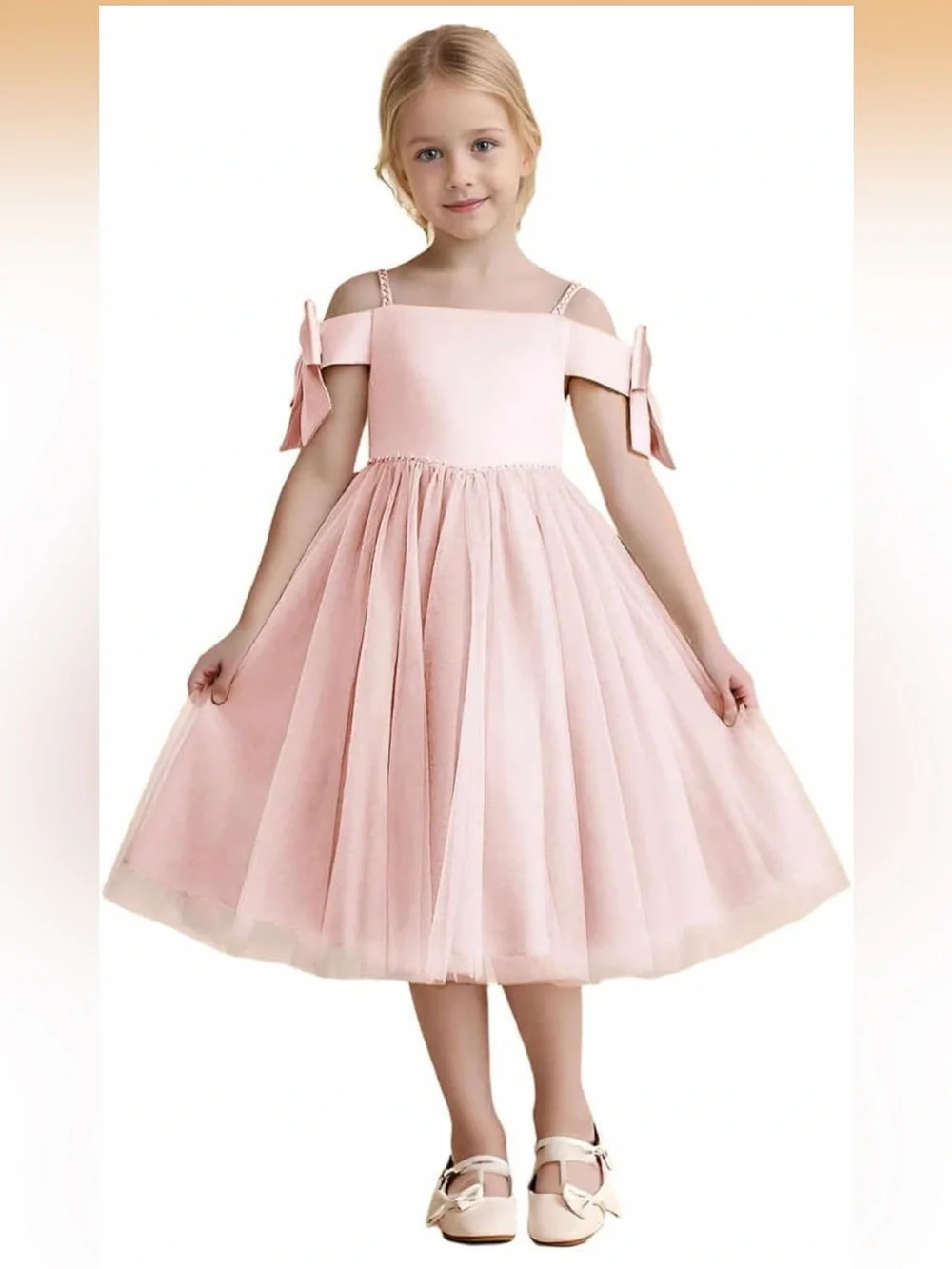 Girls' Off-Shoulder Bow Tulle Dress in Blush Pink
